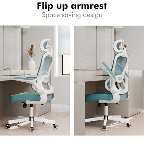 Light blue high back chairs showing ergonomic S-curve design and adjustable headrest.