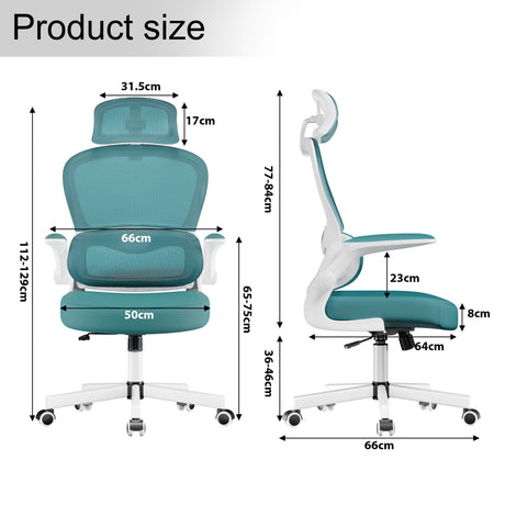 Dimensions of light blue mesh office chair with back support: seat width 50 cm, depth 64 cm, and height  112-129 cm.