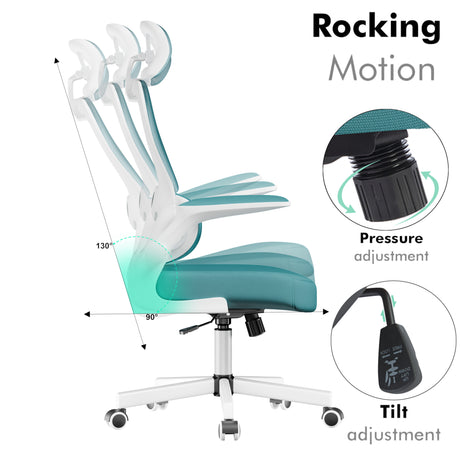 Rocking and reclining features on this light blue ergonomic adjustable chair with headrest.
