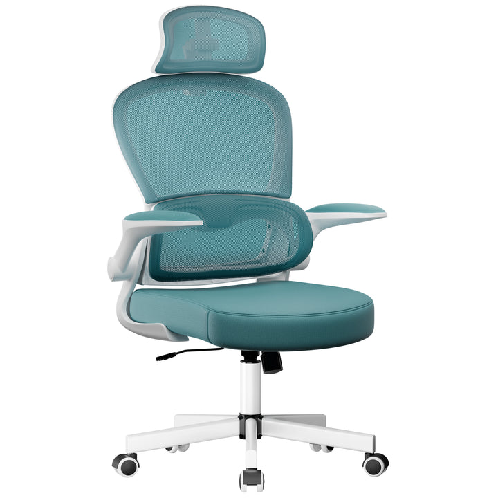 [Light Blue] Light blue mesh pc chair with headrest and flip-up arms for ergonomic comfort. in a home office setup