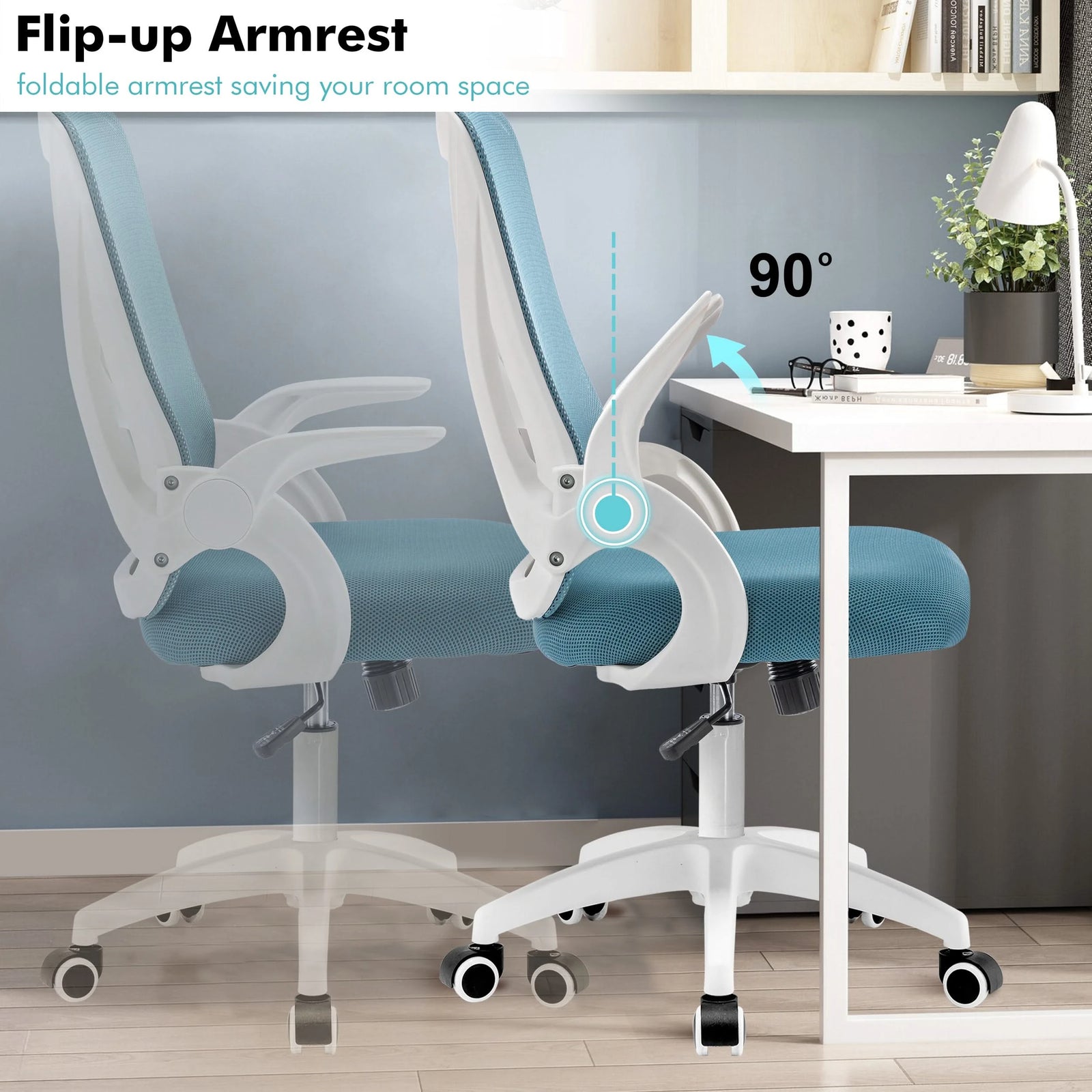 [Light Blue] Light blue comfy desk chair with flip-up armrests, making it perfect for home office spaces.