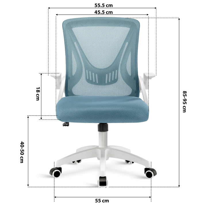 [Light Blue] light blue adjustable office chair dimension: 45.5cm seat width, 55cm wheelbase, adjustable 85–95cm height and mesh backrest.