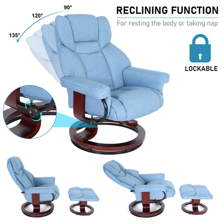 Reclining light blue Recliner Swivel Armchair With Footstool | Lounge Chair with lockable tilt angles for personalized relaxation settings.