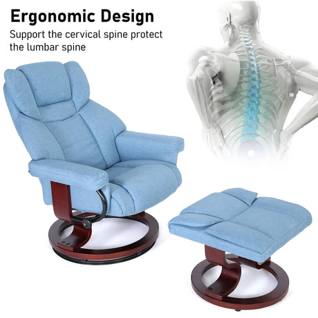 Ergonomic light blue Recliner Swivel Armchair With Footstool | Lounge Chair supports lumbar spine and enhances posture during long use.
