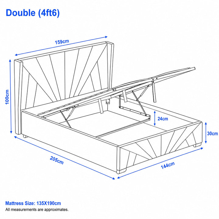 [Double | Grey] Dimension diagram for double 4ft6 sunrise bed showing 159cm width 205cm length and 100cm headboard height