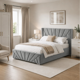 [Double | Grey] A modern bedroom featuring a light grey tufted upholstered bed frame with a matching sunrise headboard and footboard