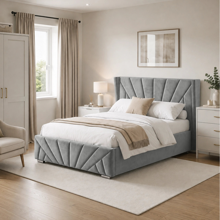 [Double | Grey] A modern bedroom featuring a light grey tufted upholstered bed frame with a matching sunrise headboard and footboard