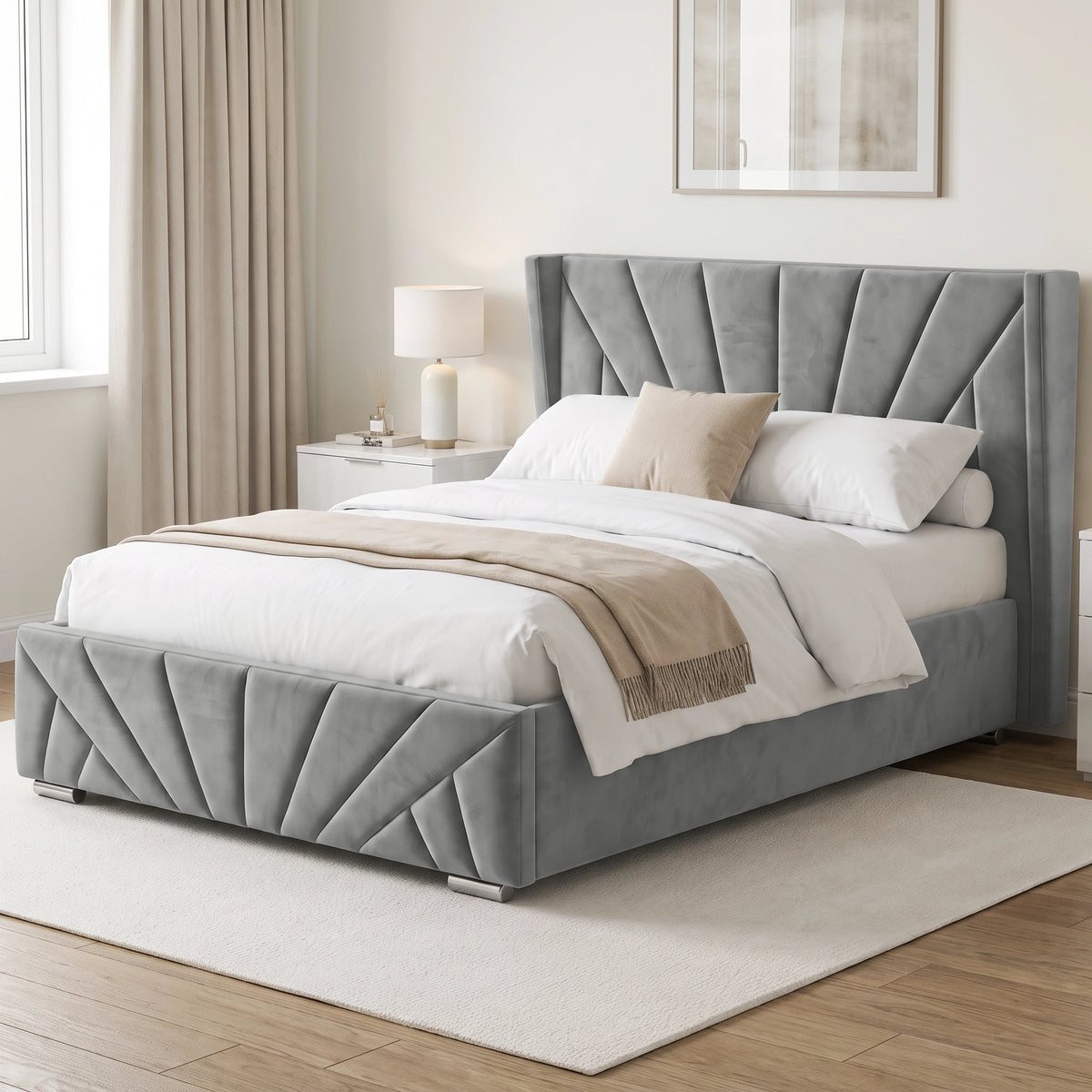 [Double | Grey] upholstered bed frame with a tall tufted headboard and matching footboard, shown in a styled bedroom setting