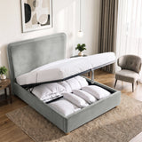 [Double | Light Grey] Lift-up storage view showing raised mattress platform, black metal gas struts and bedding inside base