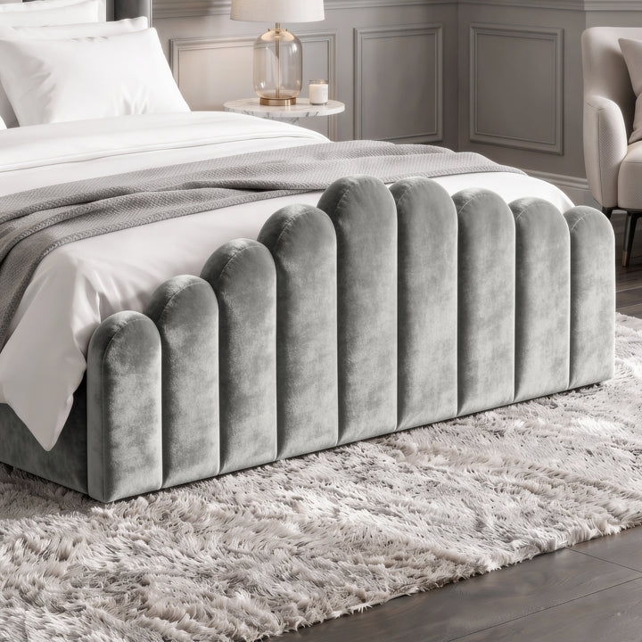 [Double | Light Grey] Close-up of matching scalloped velvet footboard with rounded vertical channels