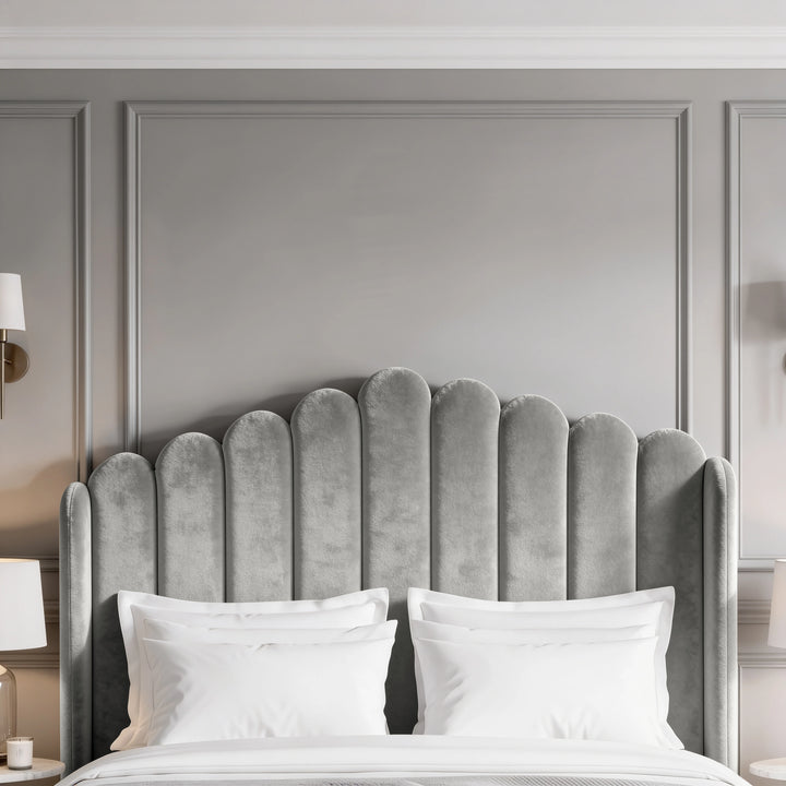 [Double | Light Grey] Front detail of tall scalloped velvet headboard with rounded vertical channels and padded wings