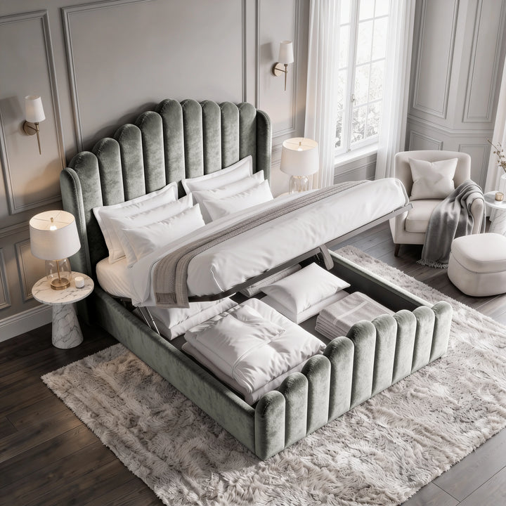 [Double | Light Grey] Velvet ottoman bed open from the foot end, showing gas-lift frame and full bedding storage