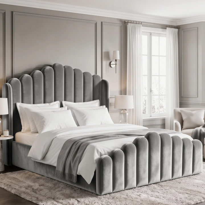 [Double | Light Grey] Alternate bedroom view of velvet ottoman bed with scalloped headboard and matching footboard
