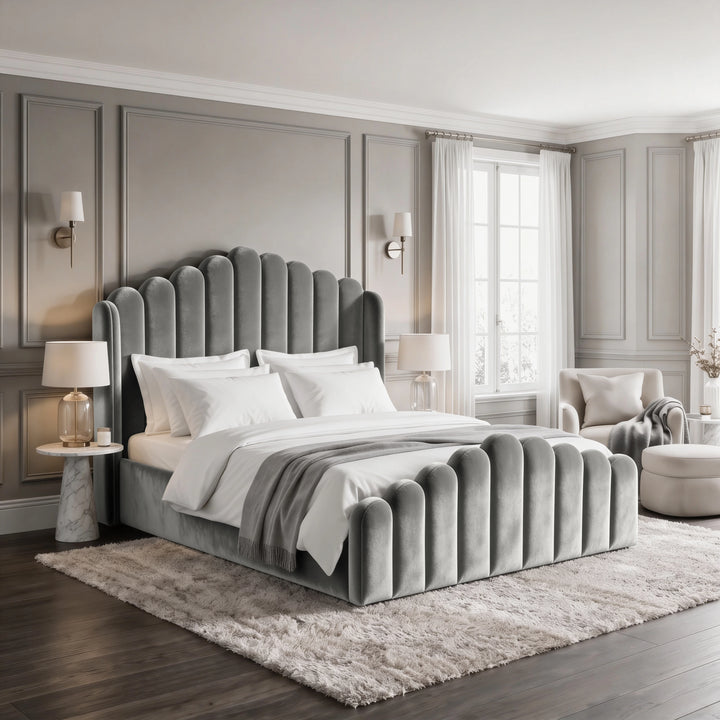 [Double | Light Grey] Velvet ottoman storage bed in a bedroom, with scalloped channel headboard and matching footboard