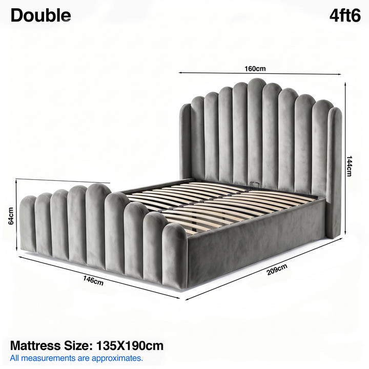 [Double | Light Grey] Ottoman bed size: 160W x 209L x 144H cm; foot end 64H; mattress 135 x 190 cm