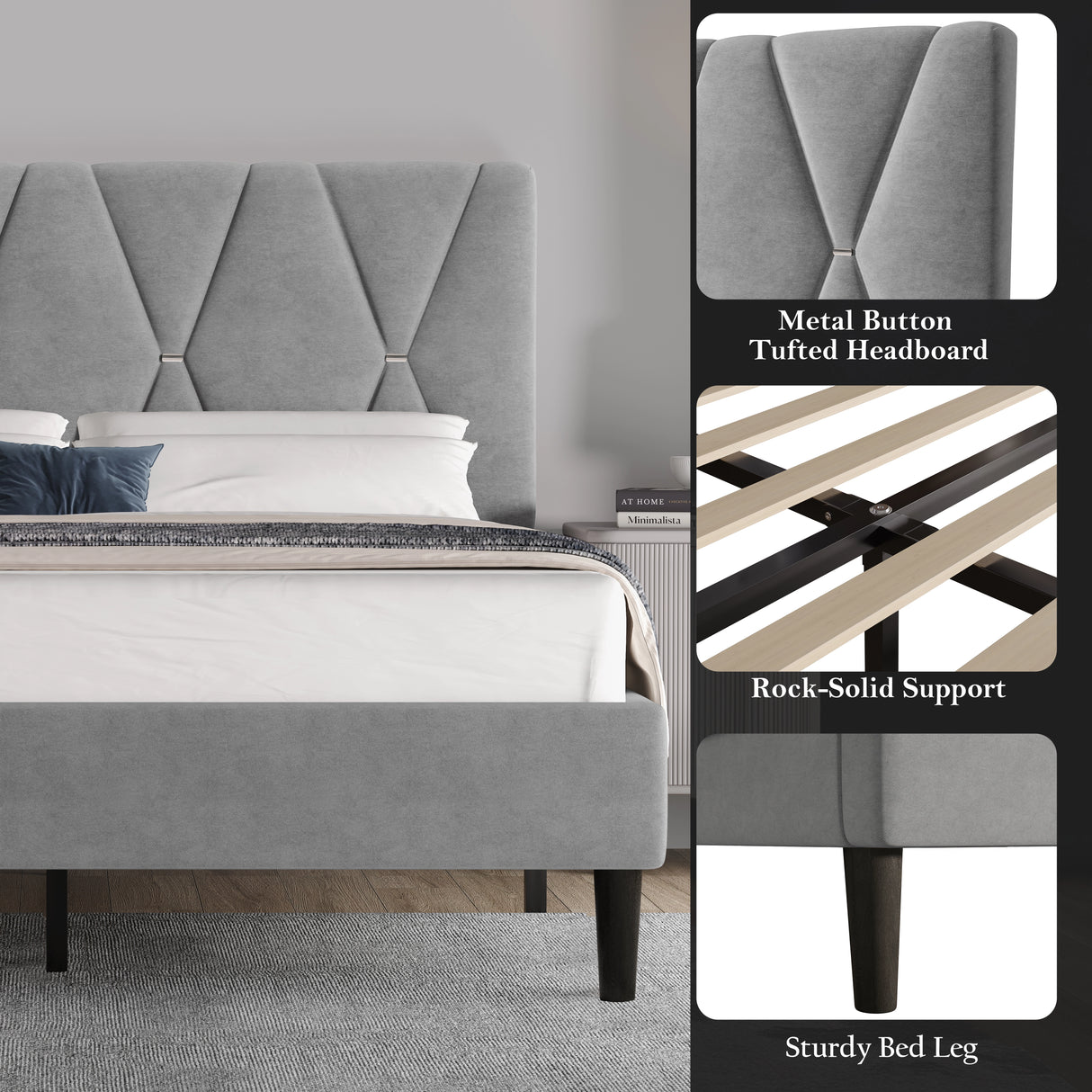 Gray upholstered bed with tufted headboard and wooden legs, featuring close-up details.