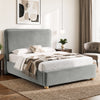 [Double | Light Grey] Three-quarter bedroom view showing tall padded headboard, low footboard, bedding and wooden feet