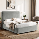 [Double | Light Grey] Three-quarter bedroom view showing tall padded headboard, low footboard, bedding and wooden feet