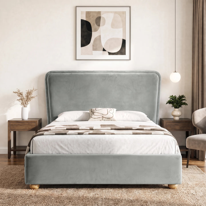 [Double | Light Grey] Front bedroom view showing tall padded headboard, low footboard, twin pillows and matching side tables
