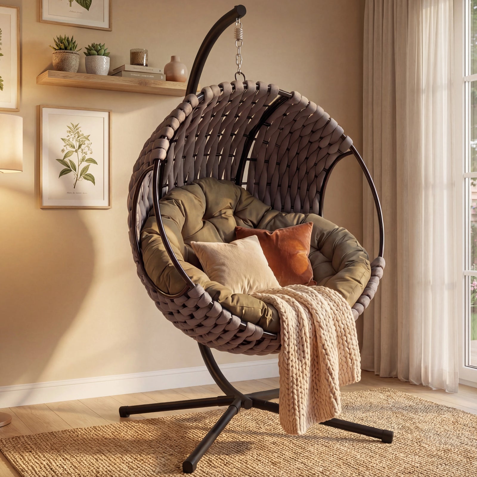 [Grey] Light grey hanging egg chair indoors with taupe cushion, orange accent pillow and cream knit throw