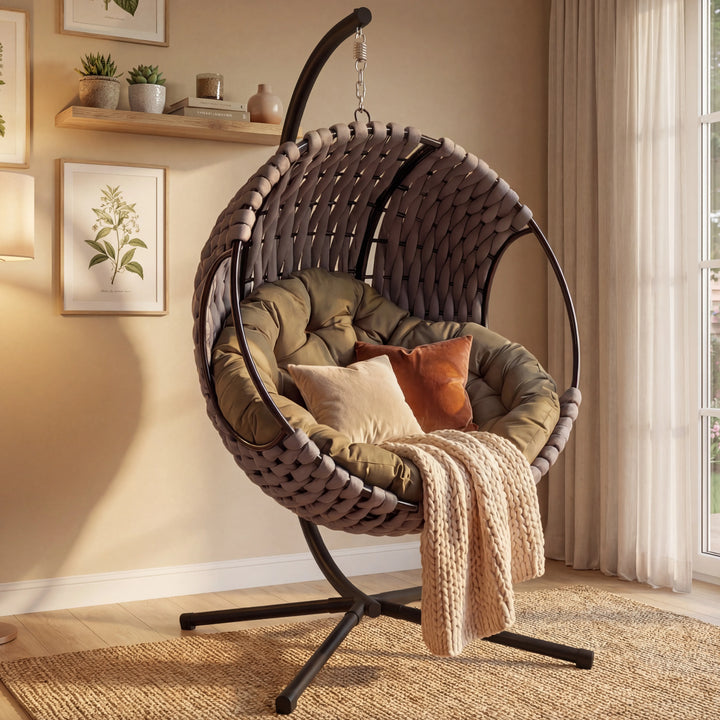 [Grey] Light grey hanging egg chair indoors with taupe cushion, orange accent pillow and cream knit throw