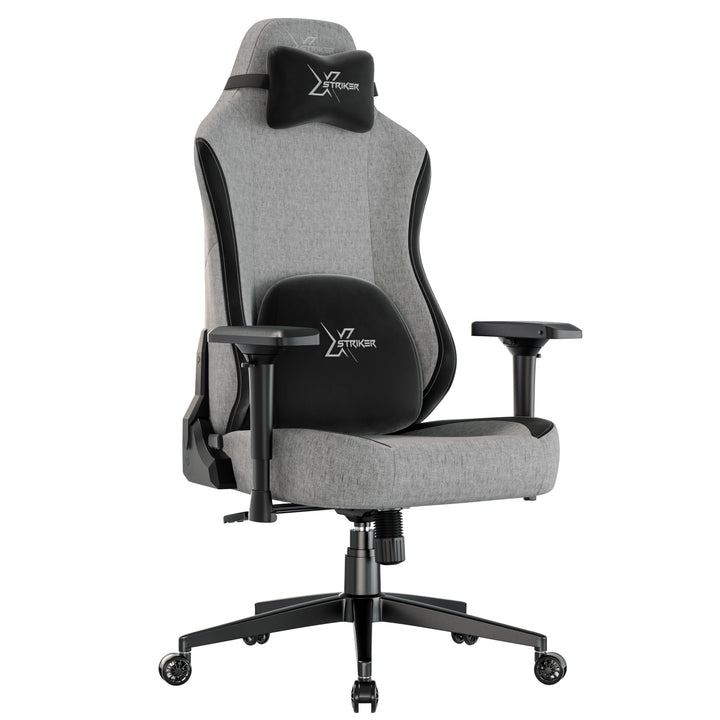 [Grey] Computer PC gaming chair by Xstriker in grey, featuring lumbar and neck support, designed for comfort and posture alignment.