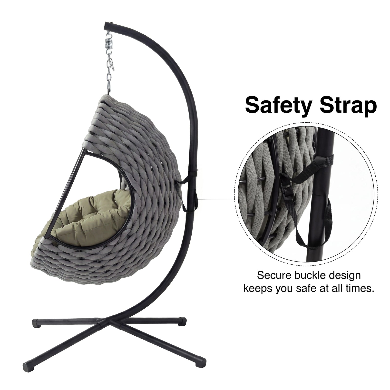 [Grey] Light grey woven egg chair on black stand with safety buckle strap callout and secure buckle design
