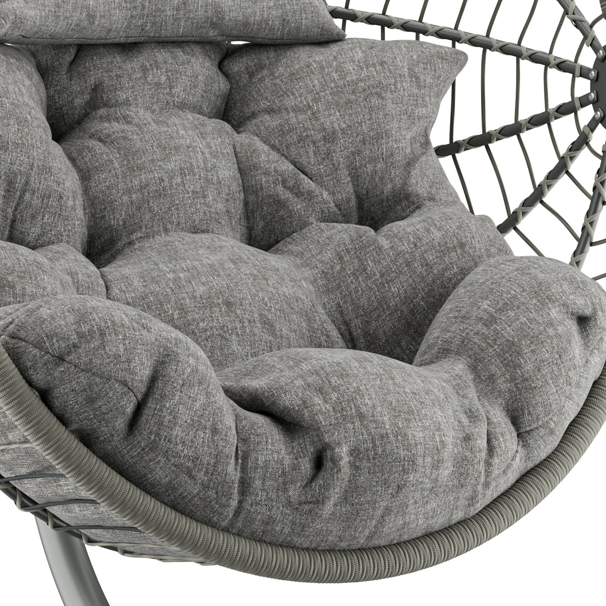 Light grey hanging egg chair with soft cushion, perfect for outdoor relaxation.