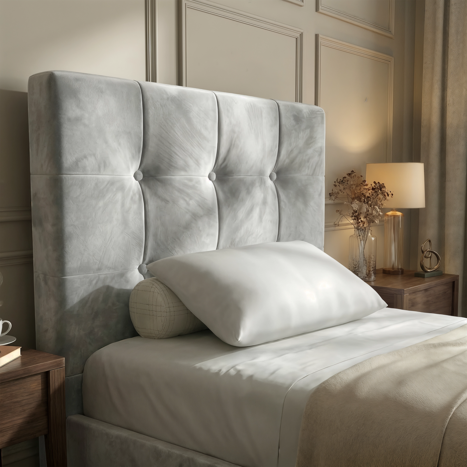 [Single | Grey] A close view of button tufted headboard in velvet fabric and soft finish of light grey square ottoman bed frame 
