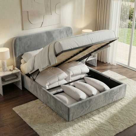 King size light grey velvet ottoman bed lifted to reveal spacious under-bed storage beneath the slatted base