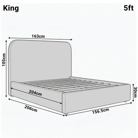 King ottoman storage velvet bed frame diagram revealing height 105 cm, width 163 cm, and length 206 cm