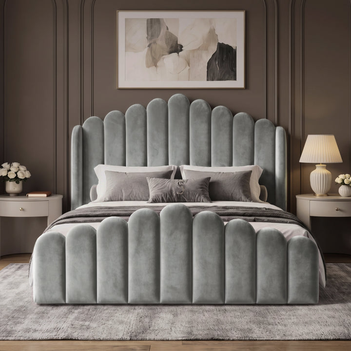 [King | Light Grey] Front view of velvet ottoman storage bed with scalloped channel headboard and matching footboard