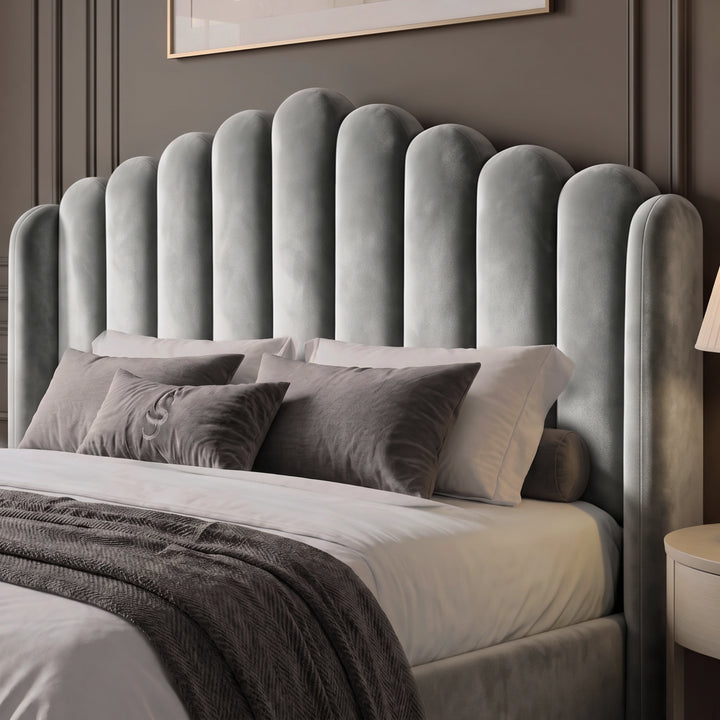 [King | Light Grey] Close-up of tall scalloped velvet headboard with rounded vertical channels and padded side wings