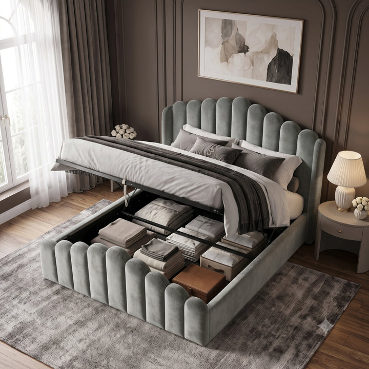 [King | Light Grey] Velvet ottoman bed open from the foot end, showing gas-lift frame and full bedding storage