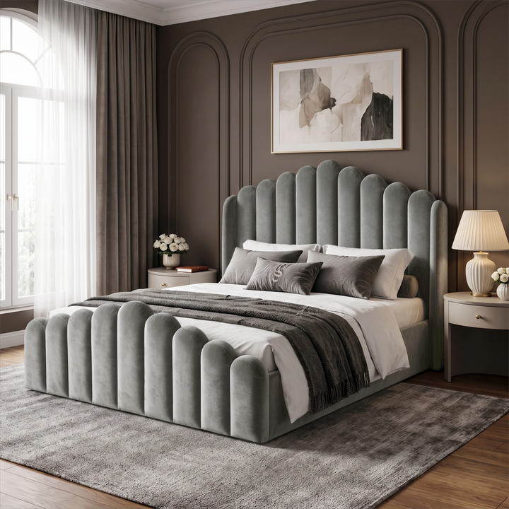 [King | Light Grey] Velvet ottoman storage bed in a bedroom, with scalloped channel headboard and matching footboard