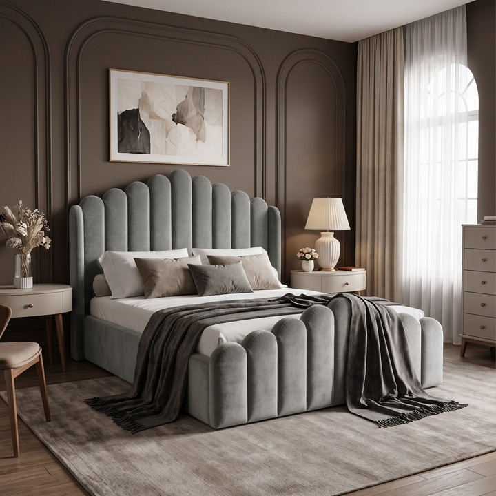 [King | Light Grey] Velvet ottoman storage bed in a wide bedroom view with scalloped headboard and footboard