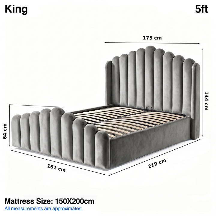 [King | Light Grey] Ottoman bed size: headboard 175W, base 161W x 219L, 144H; foot end 64H cm