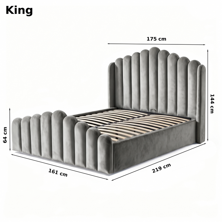 [King | Light Grey]  Ottoman bed size: headboard 175W, base 161W x 219L, 144H; foot end 64H cm