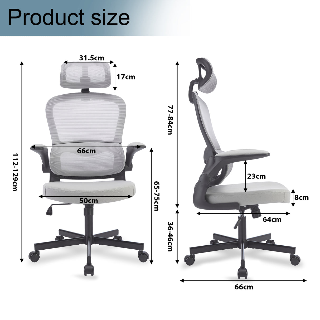 Light grey office chair with ergonomic design and detailed dimensions for perfect fit