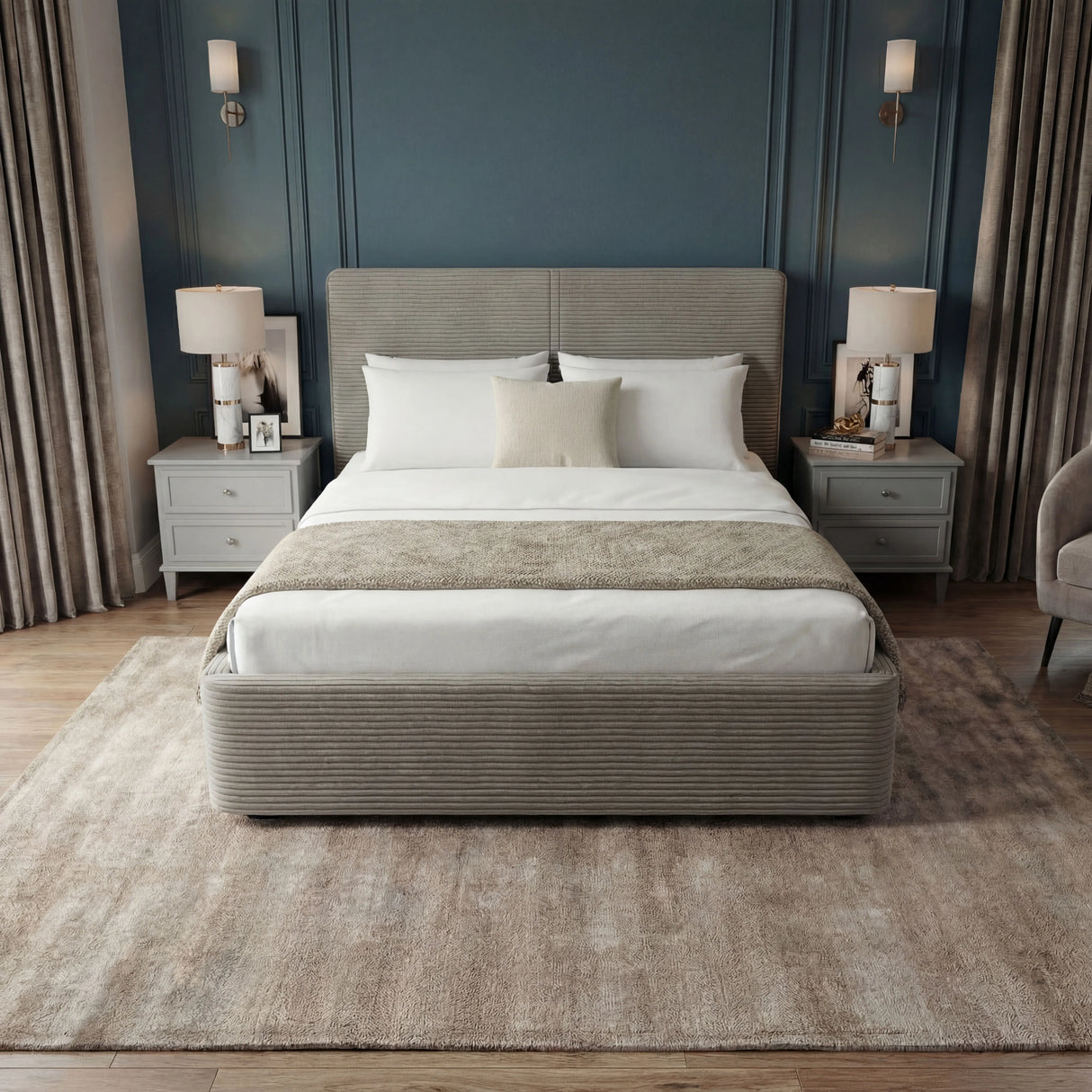 Light grey ottoman bed frame single with upholstered headboard and footboard placed in the middle of a modern room