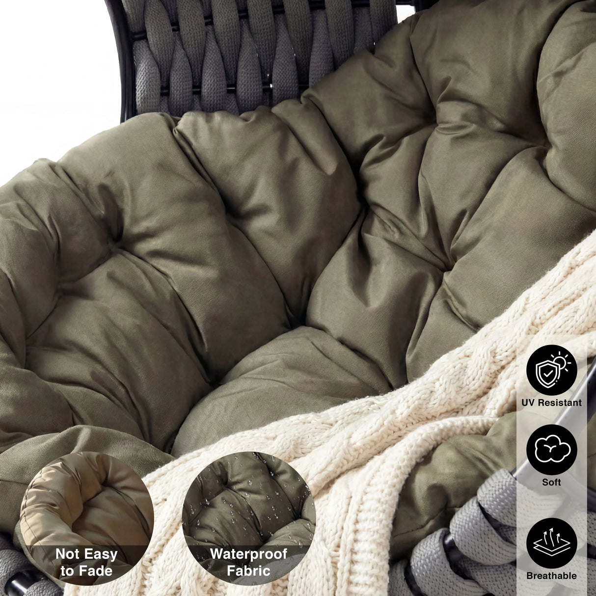 [Grey] A light grey round egg chair with a waterproof, UV-resistant, and breathable cushion fabric for long-lasting outdoor comfort and sturdy metal stand.