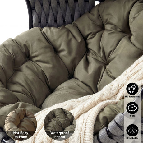 A light grey round egg chair with a waterproof, UV-resistant, and breathable cushion fabric for long-lasting outdoor comfort and sturdy metal stand.