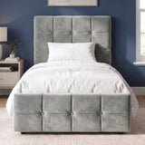 [Single | Grey] velvet single bed frame featuring a matching button-tufted headboard and footboard in a styled bedroom