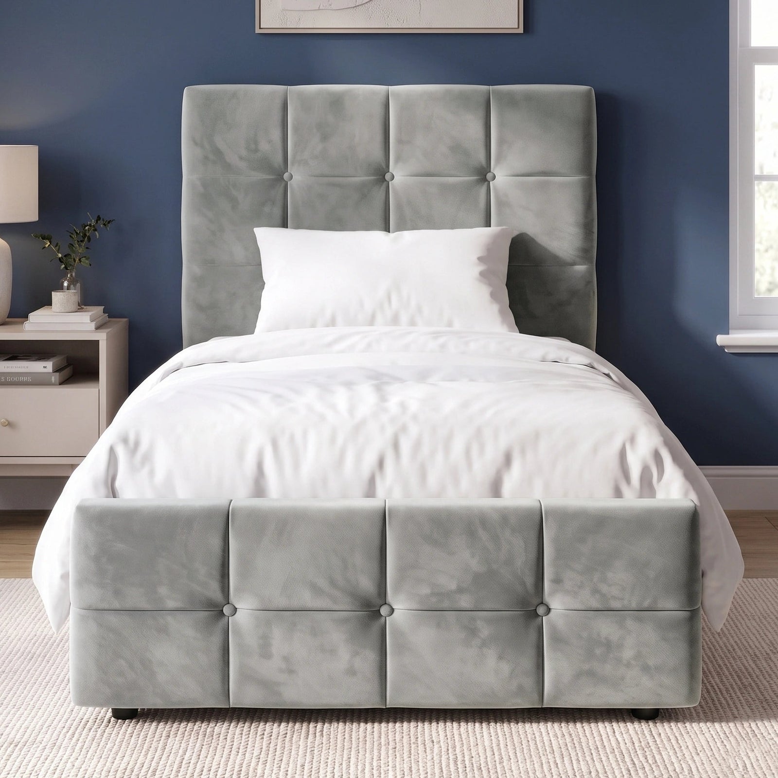 [Single | Grey] velvet single bed frame featuring a matching button-tufted headboard and footboard in a styled bedroom