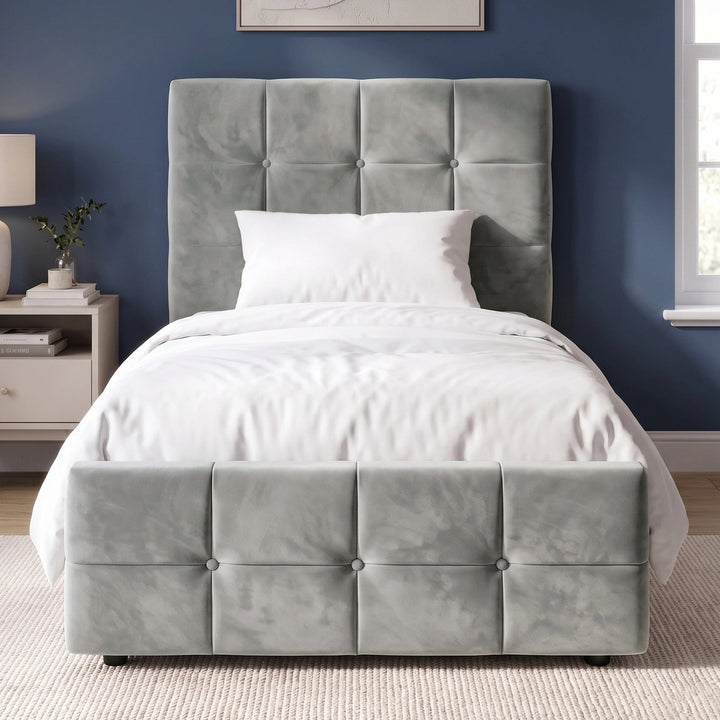 [Single | Grey] velvet single bed frame featuring a matching button-tufted headboard and footboard in a styled bedroom