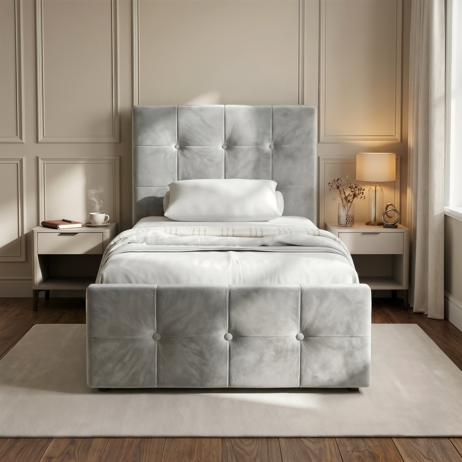 [Single | Grey] velvet single bed frame featuring a matching button-tufted headboard and footboard in a styled bedroom
