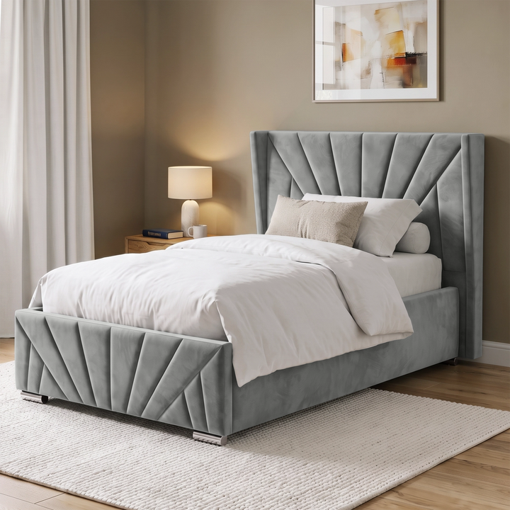 [Single | Grey] Grey velvet single sunrise bed with table lamp on bedside and rectangular framed art behind