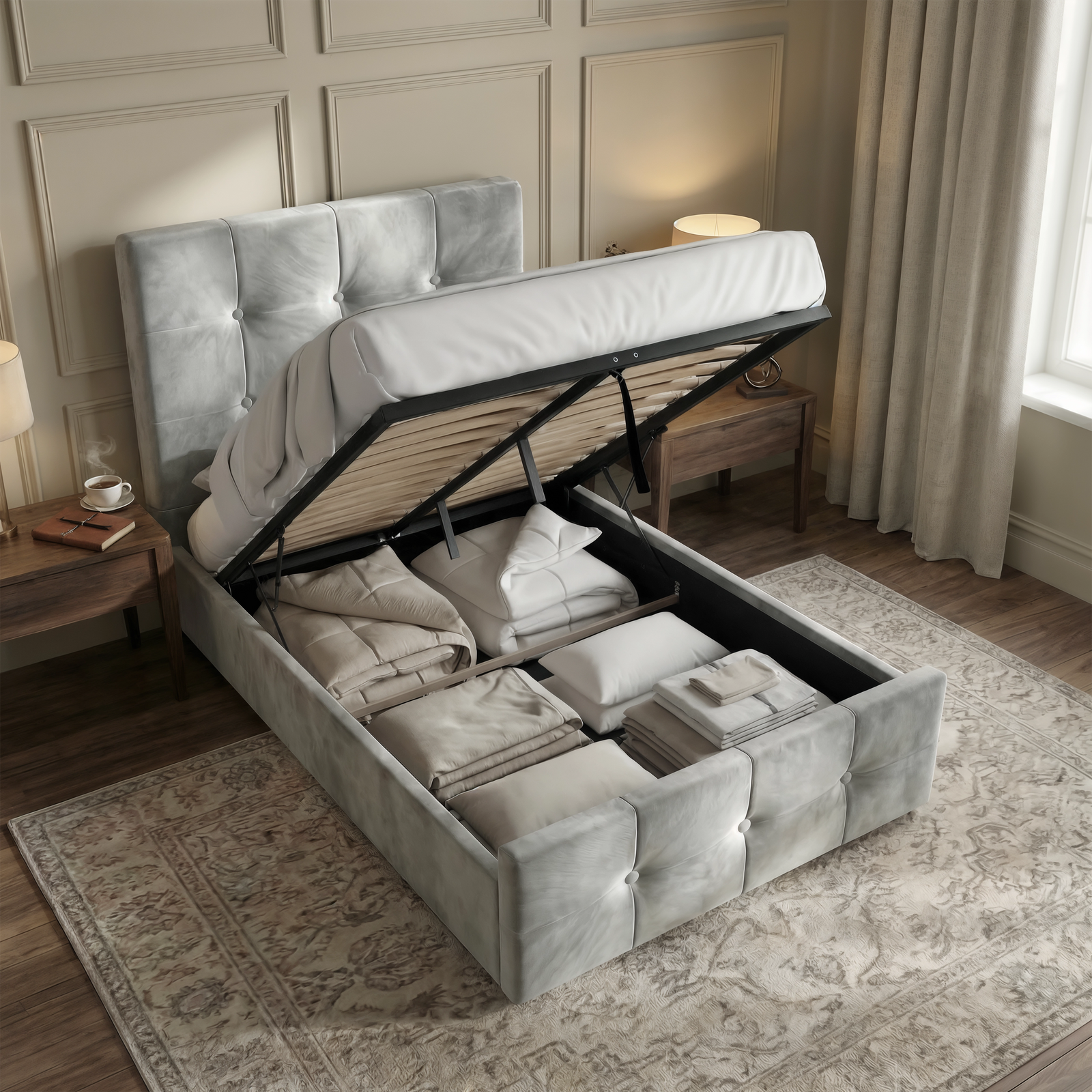 [Single | Beige] Front-side angle of grey velvet ottoman bed with storage open, woven rug below and panelled wall behind