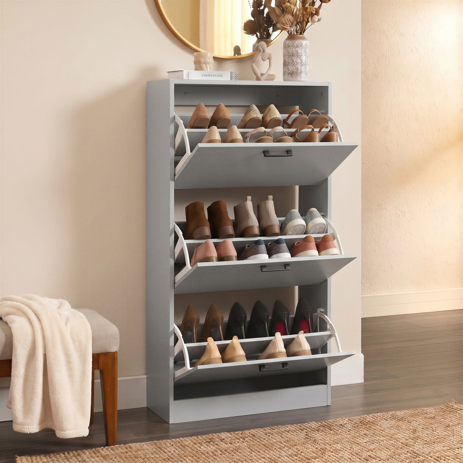 [Light Grey] 3 Drawer Slim Shoe Cabinet For Hallway - Tall Shoe Storage with all three pull-out compartments.