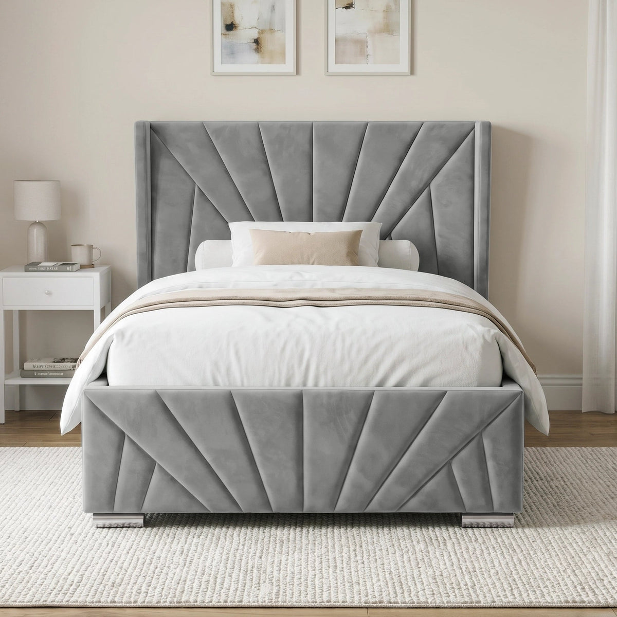 [Small Double | Grey] upholstered bed with a tall, sunrise and wingback headboard and matching footboard, styled in a neutral bedroom setting